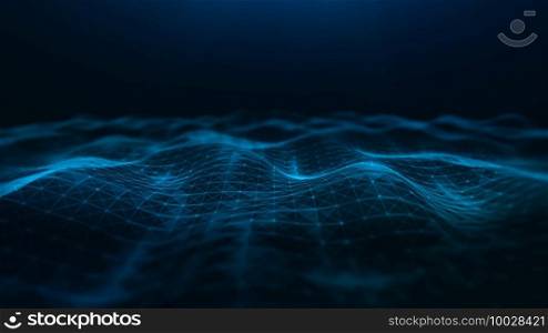 Abstract waves flowing, with triangle mesh of dots and lines. Big data connection, Technology digital background. 3d rendering