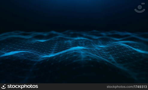 Abstract waves flowing, with triangle mesh of dots and lines. Big data connection, Technology digital background. 3d rendering