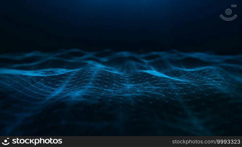 Abstract waves flowing, with triangle mesh of dots and lines. Big data connection, Technology digital background. 3d rendering