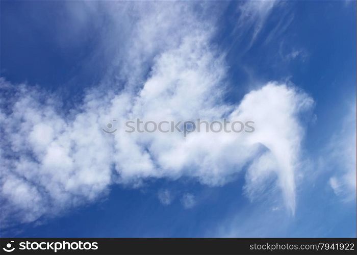 Abstract weird white clouds, resembling a giant bird against the blue sky