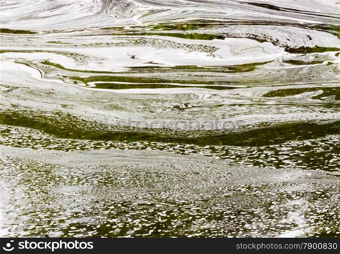 Abstract white foam swirls on green pond water.