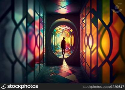Abstract woman in futuristic fictional room with many colorful mirrors. Neural network AI generated art. Abstract woman in futuristic fictional room with many colorful mirrors. Neural network generated art