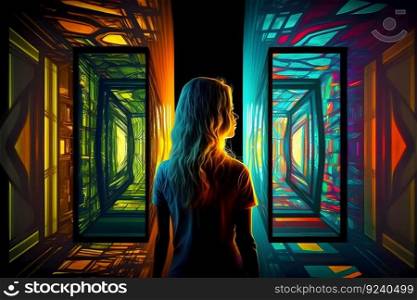 Abstract woman in futuristic fictional room with many colorful mirrors. Neural network AI generated art. Abstract woman in futuristic fictional room with many colorful mirrors. Neural network generated art