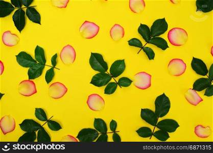 Abstract yellow background with yellow petals and green leaves of roses