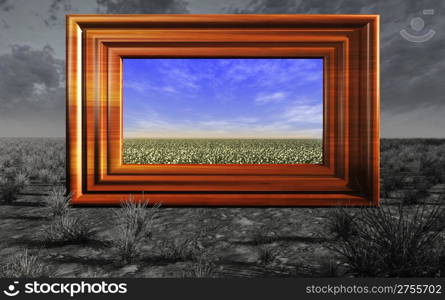 Abstraction of the nature. A picture with a blossoming field on a background of a dry grass and storm weather