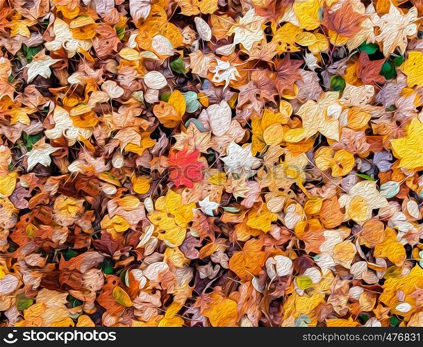 Abtract colourful vibrant autumn leaves illustration graphic art oil colour bush stroke texture background. Nature graphic art wallpaper concept.