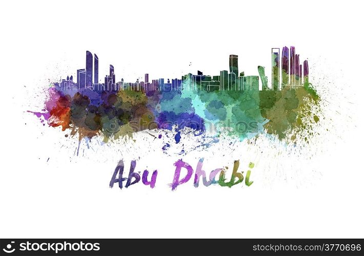 Abu Dhabi skyline in watercolor splatters with clipping path. Abu Dhabi skyline in watercolor