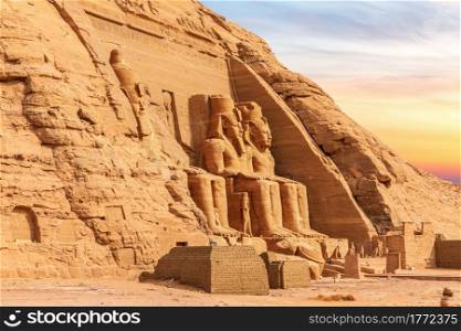 Abu Simbel, Egypt, view of the Great Temple&rsquo;s colossal statues, sunset light.