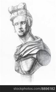 academic drawing - gypsum model of Apollo Belvedere bust hand drawn by regular pencil on white paper