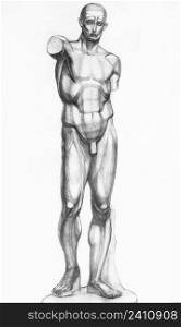 academic drawing - sketch of plaster cast male ecorche figure hand-drawn by graphite pencil on white paper