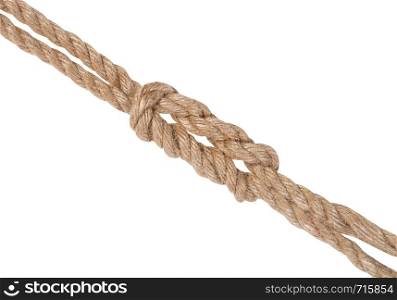 academic knot, variation of surgeon's knot, double reef knot joining two ropes isolated on white background