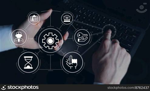 Access administration closeup concept image with white glyph icons. Top view photo of hands with smartphone and laptop on background. Picture for web banner, infographics, blog, news and article. Access administration closeup concept image with white glyph icons