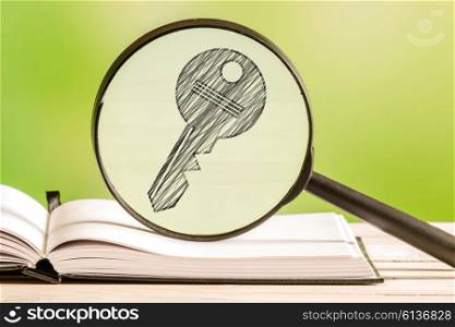Access information with a pencil drawing of a key in a magnifying glass