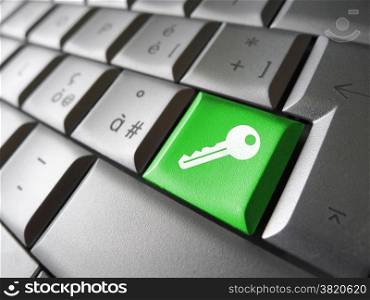 Access key Internet security concept with key icon and symbol on a green laptop computer key for website, blog and on line business.