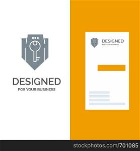 Access, Key, Protection, Security, Shield Grey Logo Design and Business Card Template