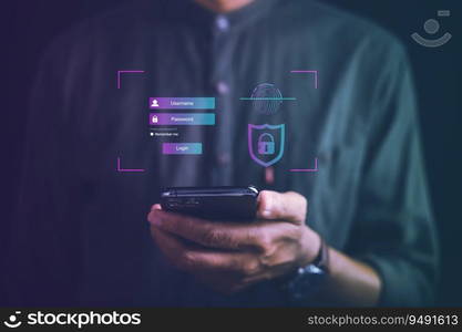 Access to personal financial data with futuristic biometric fingerprint scanner on smartphone. Surveillance and security scanning of digital programs for cyber applications. future of secure identity.