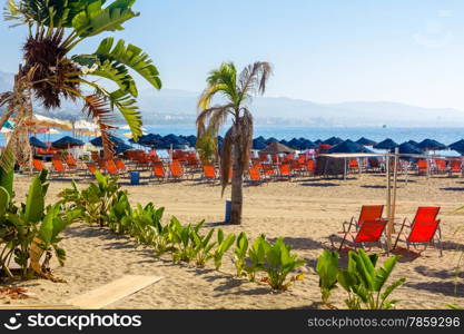 access to the famous beach with sun loungers and parasols of Puerto banus, Spain