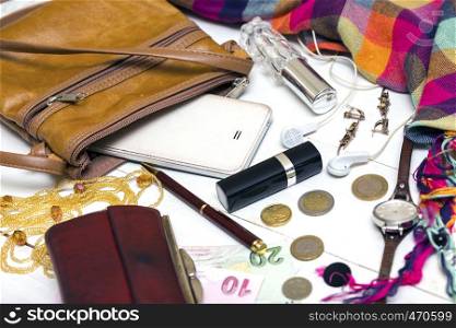 accessories. contents of the female handbag - wallet, keys, phone, lipstick, perfume