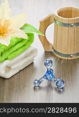 accessories for bathing on wooden background