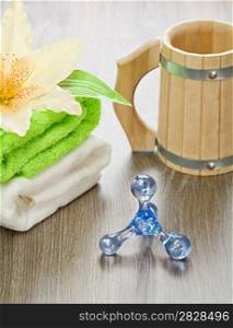 accessories for bathing on wooden background