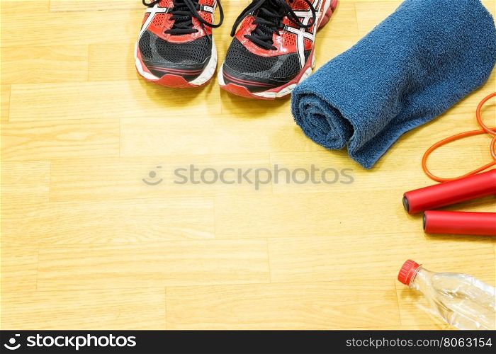 Accessories for fitness on the floor in gym. Accessories for fitness on the floor