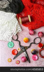 Accessories for handmade.Buttons,beads and lace decorations for crafts
