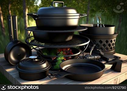 accessories for outdoor cooking in form of pots and pans on backyard grill, created with generative ai. accessories for outdoor cooking in form of pots and pans on backyard grill