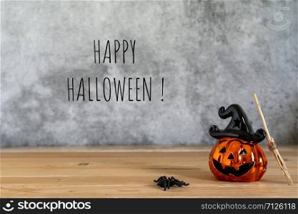 Accessories of decorations Happy Halloween day background concept.Couple jack O Lanterns with spooky pumpkins object and witch broom to party season on modern brown & white stone backdrop.text detail