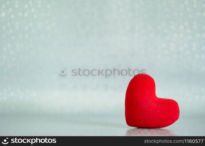 Accessories of decorations valentine&rsquo;s day holiday background concept.Essential item colorful red love shape on modern silver paper wallpaper.blank space for mock up creative design.