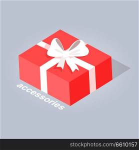 Accessory red gift with white ribbon and bow flat web banner isolated on gray. Present in a rectangular box with text accessories. Vector illustration of electronic commerce hand drawn pattern. Gift with White Ribbon and Bow Flat Design Vector