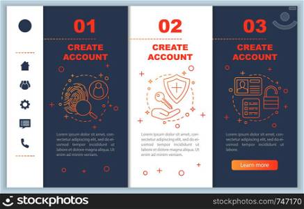 Account creation onboarding mobile web pages vector template. New user registration. Sign up. Authorization. Responsive smartphone website interface. Webpage walkthrough step screens. Color concept. Account creation onboarding mobile web pages vector template