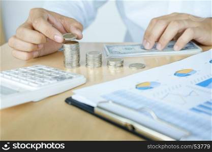 Accountant or banker calculating balance. finances investment economy saving money or insurance concept