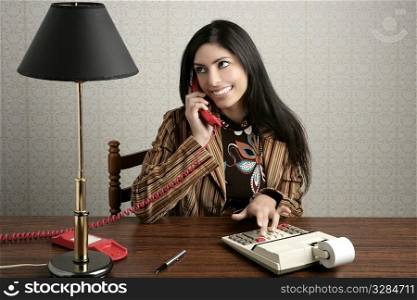 accountant retro secretary telephone talking woman vintage office wooden table wallpaper