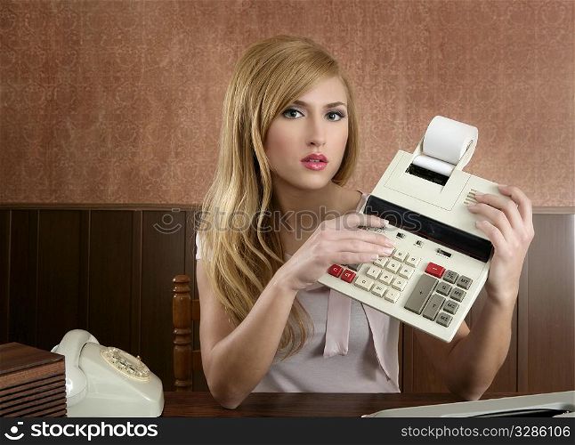 accountant retro secretary vintage calculator wooden office beautiful woman