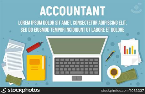 Accountant workspace concept banner. Flat illustration of accountant workspace vector concept banner for web design. Accountant workspace concept banner, flat style