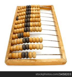 Accounting abacus for financial calculations lies on a white background