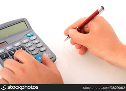 Accounting concept. Hands, pen and calculator.