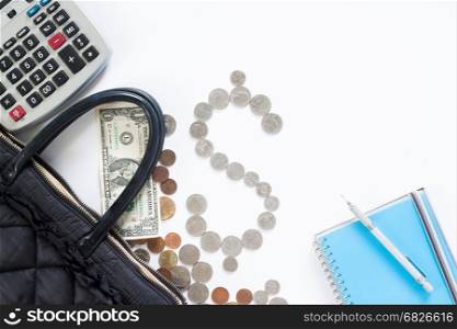 Accounting concept with calculator, money, hand bag and notebook on white background