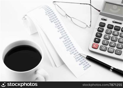accounting concept with summary purchasing paper rolls on office table in white tone