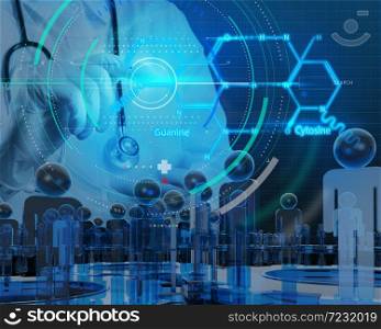 Accurate diagnosis appropriate treatment medical concept.chemist doctor hand drawing chemical formulas on virtual board