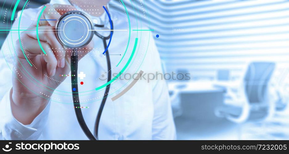 Accurate diagnosis appropriate treatment medical concept.Doctor with a stethoscope in the hands on borad room background