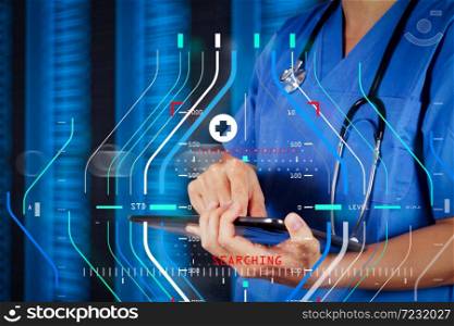 Accurate diagnosis appropriate treatment medical concept.Doctor working on a digital tablet with digital background as concept