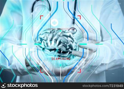 Accurate diagnosis appropriate treatment medical concept.medical doctor with brain3d meatl in his hands as concept
