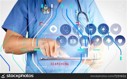 Accurate diagnosis appropriate treatment medical concept.Medicine doctor working with modern tablet computer and virtual interface as medical concept