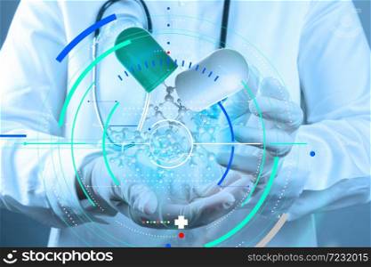 Accurate diagnosis appropriate treatment medical concept.scientist doctor hand holds virtual molecular structure in the lab