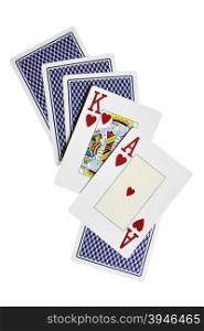 Ace, king and cards from back isolated over white background