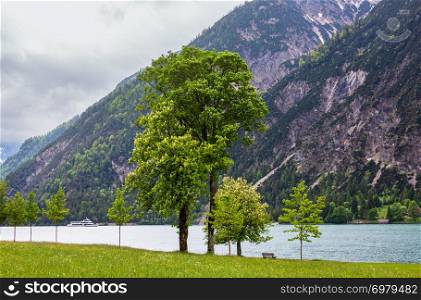 Achensee ( Lake Achen) summer landscape with green meadow and wooden bench on shore (Austria).