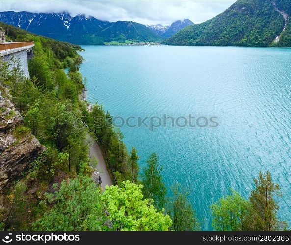 Achensee ( Lake Achen) summer view from up with cloudy sky (Austria).