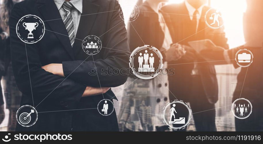 Achievement and Business Goal Success Concept - Creative business people with icon graphic interface showing employee reward giving for business success achievement.