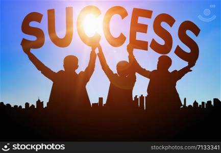 Achievement and Business Goal Success Concept - Creative business people with icon graphic interface showing employee reward giving for business success achievement.